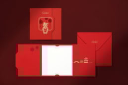 Elegant Cartier red gift packaging set including an envelope, and card, designed for luxury jewelry and accessories, showcasing premium branding and sophisticated presentation.